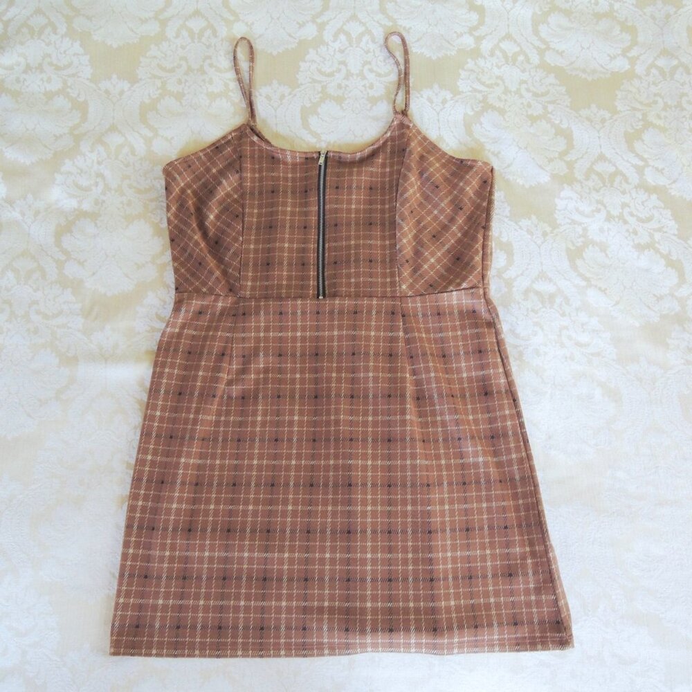 No Boundaries Tierra Brown Plaid Zip Front Mini Dress XXL (19)